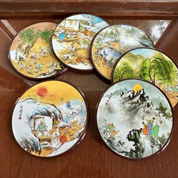 Set of 6 Vintage Korean Art Coasters – Yeon See Hee Folk Scene Series - Picture 8 of 10